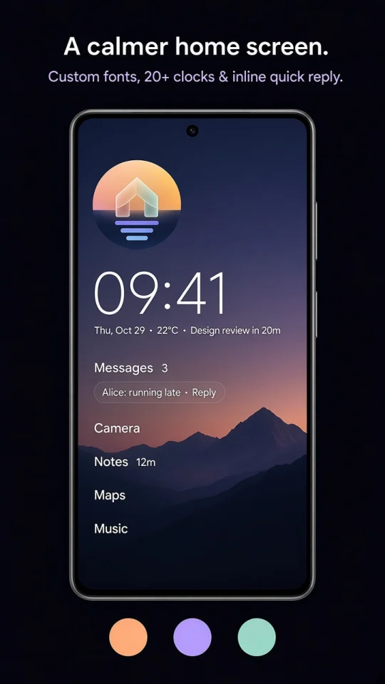 ModoForge home screen with a large clock and a few app names
