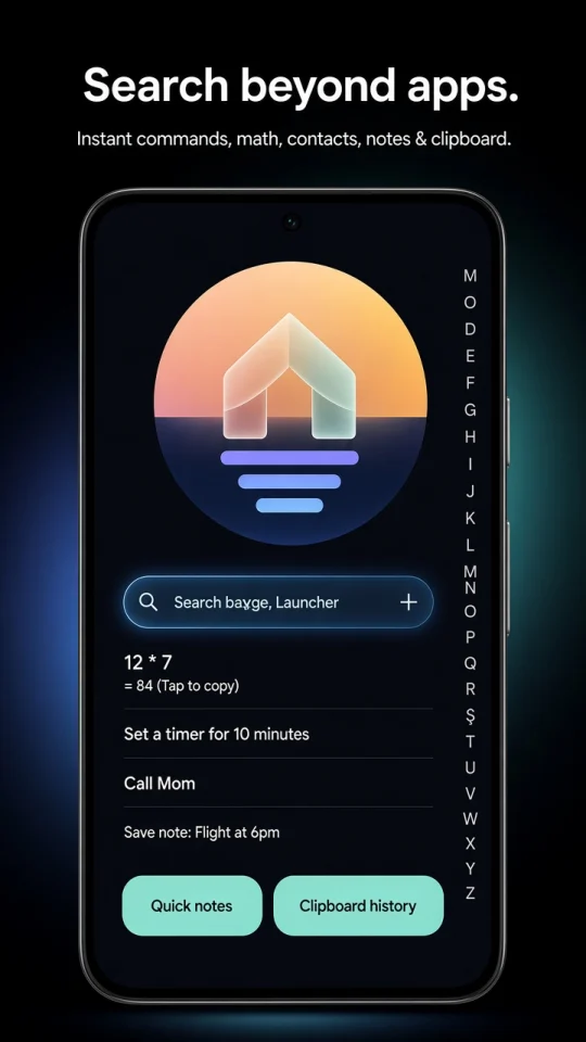 Search with commands, quick notes and clipboard